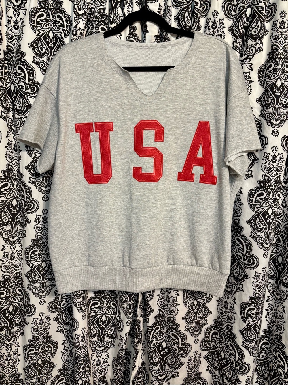 Women’s USA Short Sleeve Tee - Gray with Red Patch Lettering